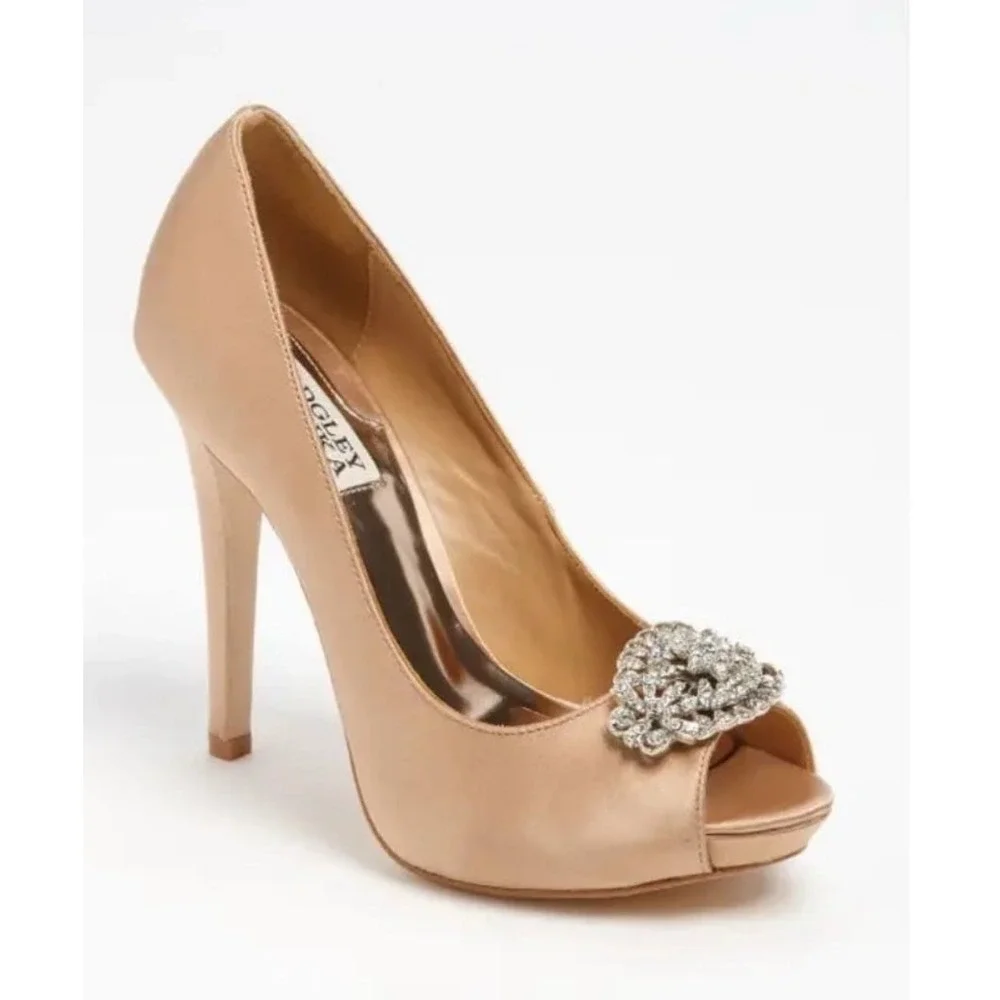 Badgley‎ Mischka Peep Toe Heels Embellished Satin Rose Gold Size 8.5
